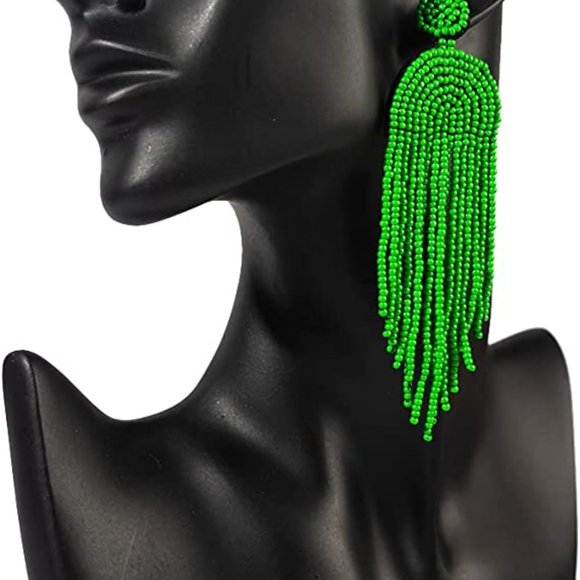 Long Lime Green 4.5" Modern Art Deco Oversized Earrings Beaded Bohemian Tassle - Picture 3 of 5